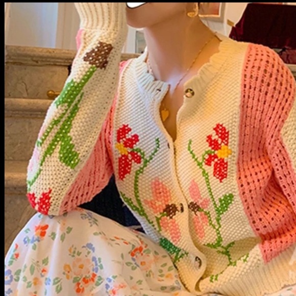 Sweater cardigan crochet knit floral cream pink womens top - Picture 6 of 10